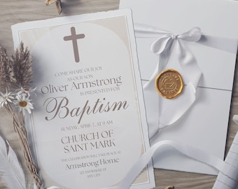 Baptism Invitation Neutral With Cross Design | Canva Template | ML016