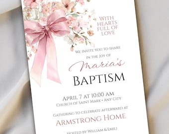 Baptism Invitation With Pink Bow Floral | Editable Canva Template for Christening |  ML007
