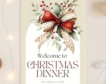 Christmas Welcome Sign Template, Watercolor Red Bow, Editable Canva (Digital Download)