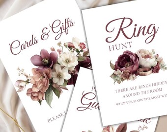 Bridal Shower Signs Set With Burgundy Floral Design | Canva Template | SS003
