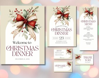 Red Bow Christmas Stationery Set | Editable Canva Templates (Digital Download)