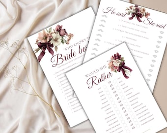 Burgundy Floral Bridal Shower Games Pack Template | Canva Design | SS003