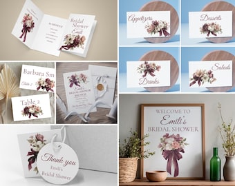 Bridal Shower Burgundy Template Bundle Floral Complete  | Canva Design | SS003