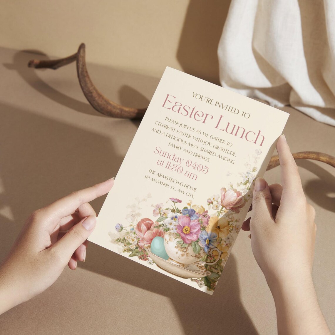 Spring Luncheon Invite Editable Easter Lunch Invitation, Floral Easter Brunch Invite, Vintage ...