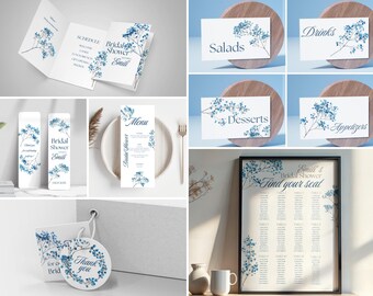 Bridal Shower Stationery With Blue Floral Design |  Canva Set Template | SS005