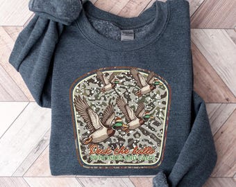 Duck Hunting Christmas Sweatshirt, Funny Hunter Holiday Crewneck, Deck The Halls With Ducks Shirt, Gift For Outdoorsman Dad Husband Hunter