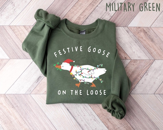 Festive Goose On The Loose Sweatshirt, Funny Christmas Goose T-Shirt, Embroidered Holiday Crewneck, Ugly Sweater Party Top