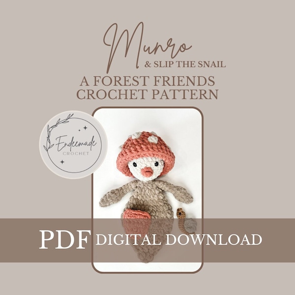 Forest Friends Crochet PATTERN,  crochet mushroom, crochet snail,  crochet snuggler, crochet snail pattern, crochet mushroom pattern, Munro