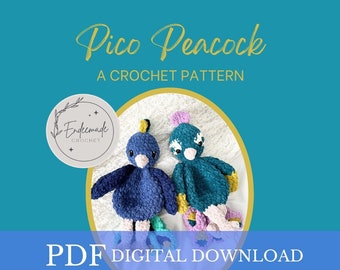 Gehaakt Pico Peacock patroon, gehaakt pauwpatroon, pauw snuggler, gehaakte pauw lovey, gehaakte pauw, pauw amigurumi, pauw