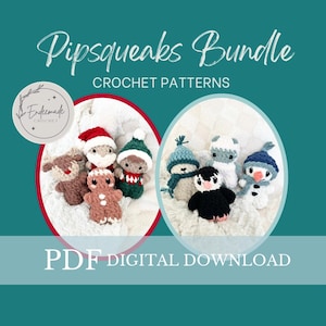 May include: A set of crochet patterns for making adorable amigurumi Christmas characters. The patterns include a reindeer, Santa, gingerbread person, bear, penguin, snowman, and a polar bear. The patterns are available as a digital download.