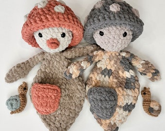 Munro Mushroom lovey, crochet mushroom, crochet lovey, mushroom lovey, crochet snuggler, mushroom snuggler, snail buddy, baby snuggler