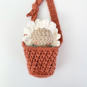 May include: A crocheted hanging planter with a terracotta colored pot and a white and beige crocheted flower inside.