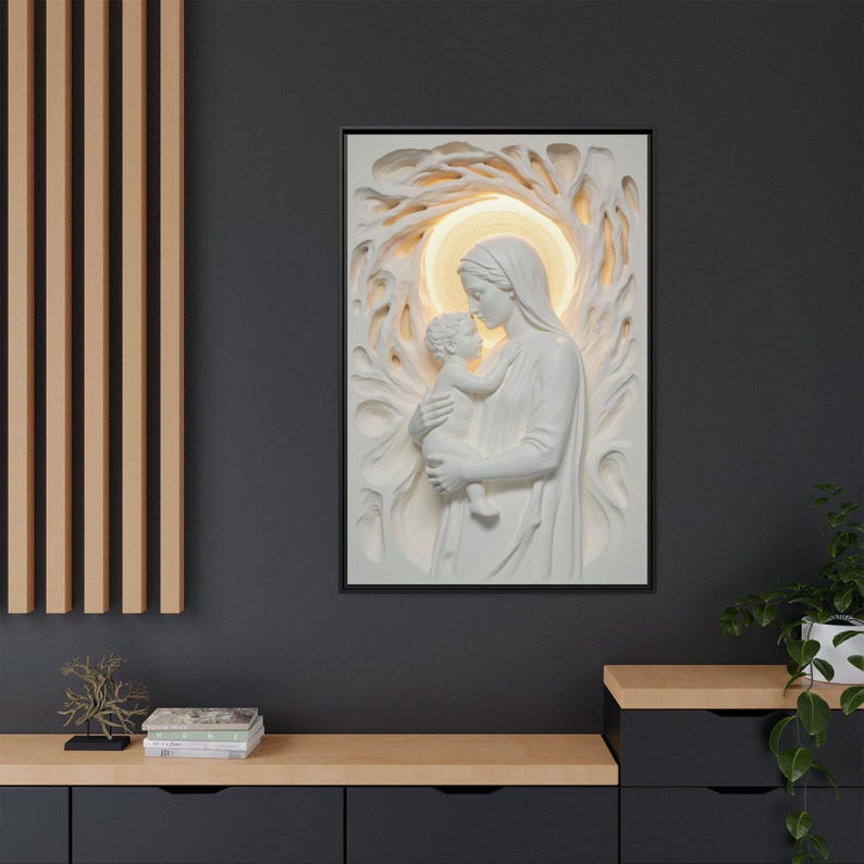 Virgin Mary and Baby Jesus Canvas Wall Art | Soft Beige & White ...