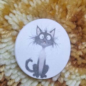 Funny Disheveled Cat Sticker: Black & White Laminated vinyl - 2&quot;