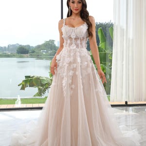Handmade 3D Floral Appliqué Wedding Dress with Sparkling Tulle – Custom Size
