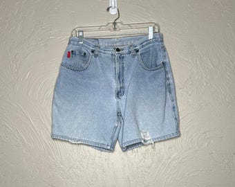 Szorty jeansowe Bugle Boy dla mężczyzn w stylu vintage z lat 90., rozmiar 32, jasno sprane, z przetarciami