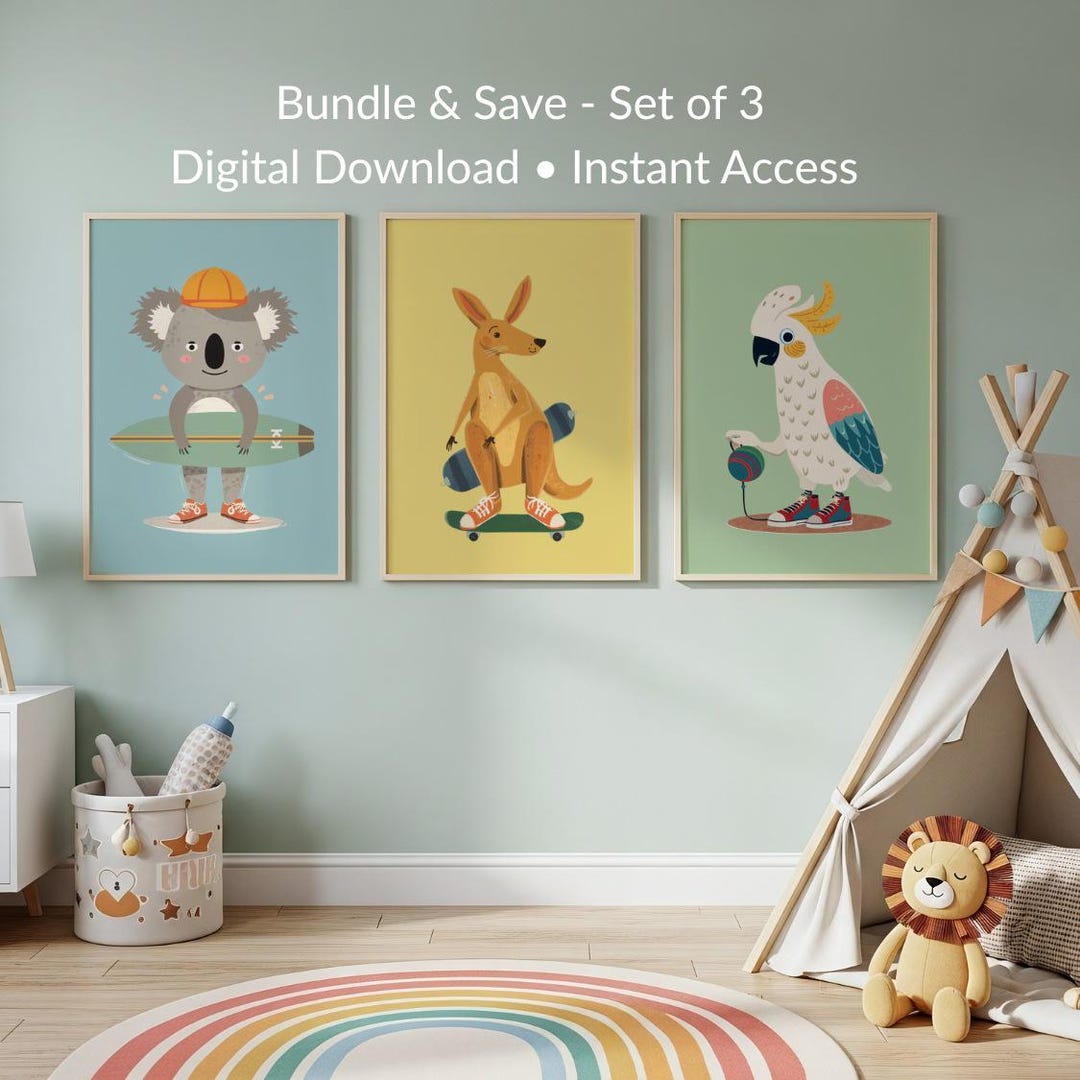 Retro Australian Animal Nursery Prints, Koala Kangaroo Cockatoo Wall ...