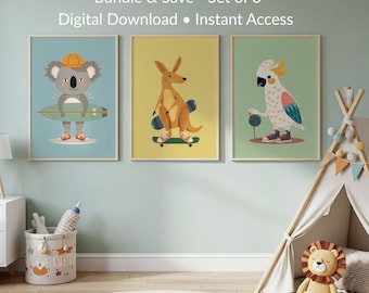 May include: A set of three digital wall art prints featuring a koala with a surfboard, a kangaroo on a skateboard, and a cockatoo with a ball, all wearing sneakers. The text reads Bundle & Save - Set of 3, Digital Download • Instant Access.