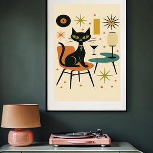 Midcentury Atomic Cat Wall Art – Retro style print, Vintage 1950s Style Decor, Unique Kitty Decor, Animal Wall Art