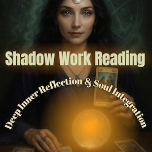 May include: A woman with dark hair and a crescent moon headpiece is the central figure. The image includes the text "Shadow Work Reading", "Deep Inner Reflection & Soul Integration", tarot cards, and a glowing orb.