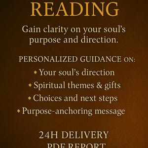 K&ouml;nnte beinhalten: Digitalgrafik mit dem Text "LIFE PATH READING" in goldfarbenen Buchstaben. Das Bild verspricht eine pers&ouml;nliche Beratung zu Seelenrichtung, spirituellen Themen, Entscheidungen und einer Botschaft zur Verankerung des Zwecks, mit einem PDF-Bericht in 24 Stunden.