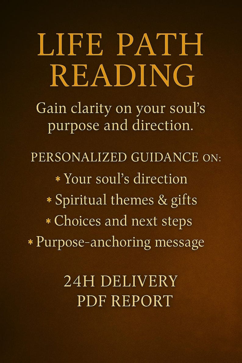 K&ouml;nnte beinhalten: Digitalgrafik mit dem Text "LIFE PATH READING" in goldfarbenen Buchstaben. Das Bild verspricht eine pers&ouml;nliche Beratung zu Seelenrichtung, spirituellen Themen, Entscheidungen und einer Botschaft zur Verankerung des Zwecks, mit einem PDF-Bericht in 24 Stunden.