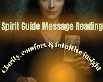 Könnte beinhalten: Ein Bild, das eine Spirit Guide Message Reading bewirbt. Das Bild zeigt eine Frau mit dunklem Haar und einem Halbmond-Haarband, umgeben von Tarotkarten und einer leuchtenden Kristallkugel. Der Text enthält "Spirit Guide Message Reading" und "Clarity, comfort & intuitive insight."