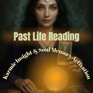 Puede incluir: Imagen que promociona una lectura de vidas pasadas. La imagen presenta a una mujer con cabello oscuro y una diadema de media luna. El texto dice "Past Life Reading, Karmic Insight & Soul Memory Activation". También hay cartas del tarot y un orbe brillante.