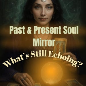 May include: An artistic image featuring a woman with dark hair and a crescent moon headpiece. The text "Past & Present Soul Mirror" and "What's Still Echoing?" are displayed. Tarot cards and a glowing orb are also present.