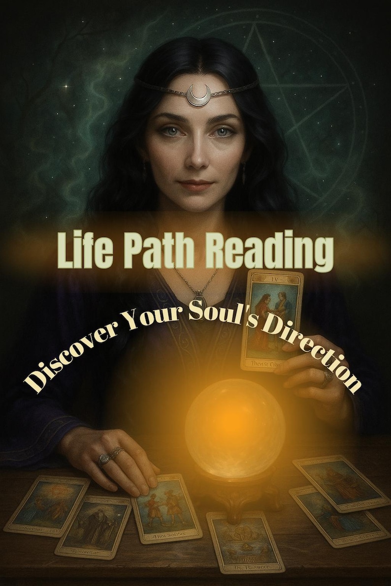 K&ouml;nnte beinhalten: Ein Bild, das eine Lebensweglesung bewirbt. Der Text lautet "Life Path Reading Discover Your Soul's Direction". Eine Frau h&auml;lt Tarotkarten mit einer leuchtenden Kugel vor sich. Der Hintergrund ist dunkelgr&uuml;n mit Sterneneffekt.
