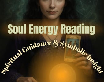 Könnte beinhalten: Ein Bild, das eine Seelenenergie-Lesung bewirbt, mit einer Frau mit dunklem Haar und einem Halbmond-Kopfschmuck. Der Text lautet "Soul Energy Reading, Spiritual Guidance & Symbolic Insight". Tarotkarten und eine leuchtende Kugel sind ebenfalls zu sehen.