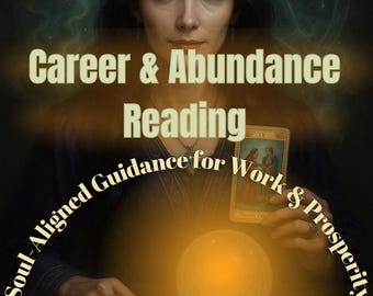 Könnte beinhalten: Ein Bild, das eine Karriere- und Fülle-Lesung bewirbt. Das Bild zeigt eine Frau mit einem Halbmond-Kopfschmuck, Tarotkarten und einer leuchtenden Kugel. Der Text auf dem Bild lautet "Career & Abundance Reading" und "Soul-Aligned Guidance for Work & Prosperity."