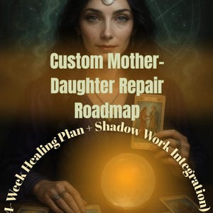 Op de afbeelding: Een artistieke afbeelding met een vrouw met een halve maan hoofdband, tarotkaarten en een gloeiende bol. Tekstoverlay luidt "Custom Mother-Daughter Repair Roadmap" en "4-Week Healing Plan + Shadow Work Integration".
