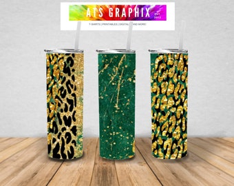 Green Marble Leopard Gold Tumbler  Template Sublimation Design Download, 20 oz Skinny Tumbler , PNG tumblers, Instant Digital Download