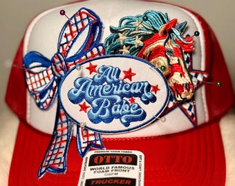 All American Babe Trucker Hat | Patriotic Cowgirl Hat | Red White Blue Western Snapback