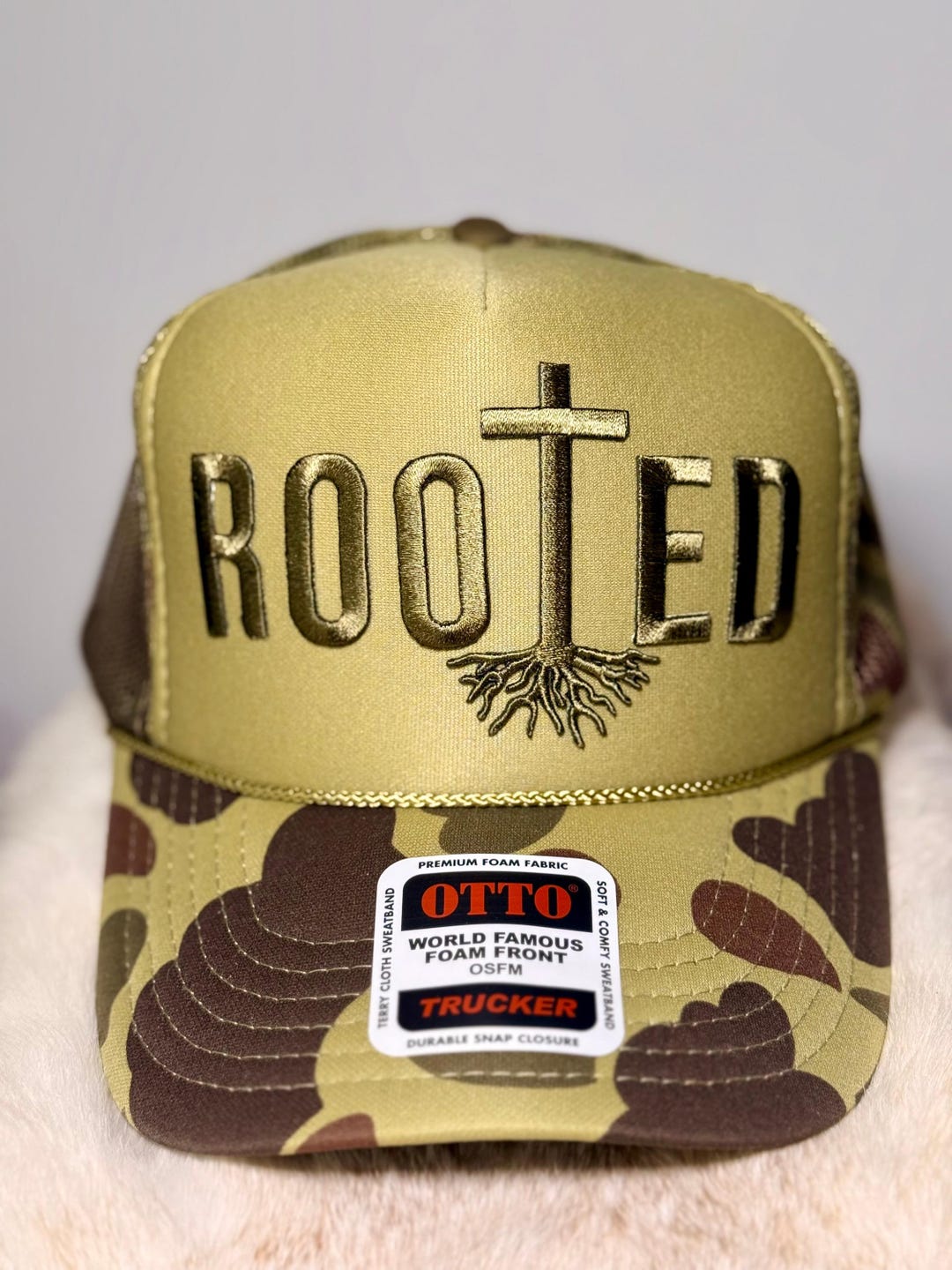 Rooted Trucker Hat – Faith Based Hat, Christian Hat, Camo Brim Hat ...