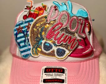 Pool Bum Glam Trucker Hat | Pink Flamingo Poolside Hat | Sparkly Summer Vacation Snapback
