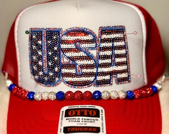 USA Sequin Trucker Hat | Patriotic Sparkle Hat | Red White Blue Glam Snapback