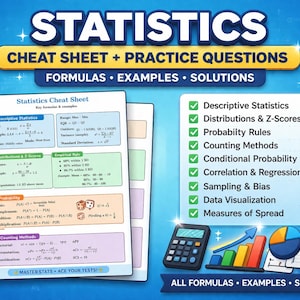 Puede incluir: Un póster educativo azul titulado "ESTADÍSTICA" con "CHEAT SHEET + PRACTICE QUESTIONS" y "FORMULAS • EJEMPLOS • SOLUCIONES". Incluye una hoja de trucos de estadística, una lista de temas, una calculadora y gráficos.
