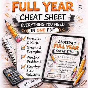 Könnte beinhalten: Ein illustriertes Algebra 1 Spickzettel mit dem Titel "Algebra 1 Full Year Cheat Sheet" und dem Text "Everything You Need in One PDF". Enthält Formeln, Grafiken, Beispiele, Übungsaufgaben und Schritt-für-Schritt-Lösungen. Mit einem Taschenrechner, Bleistiften und einem Tablet.