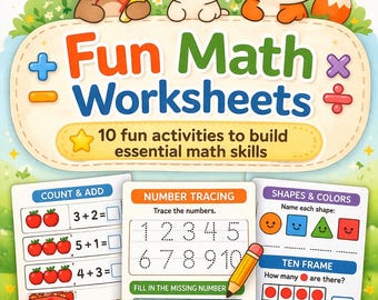 1st Grade Math Worksheets Printable, Counting & Numbers, Shapes, Patterns, Color by Number, Kids Learning Activities PDF