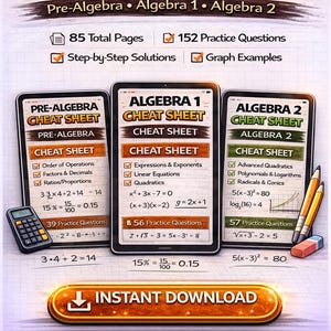 Math Cheat Sheet Bundle: Pre-Algebra, Algebra 1, Algebra 2 Study Guide (PDF)