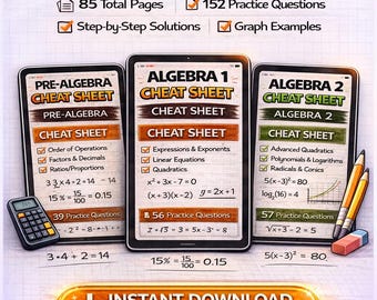 Math Cheat Sheet Bundle: Pre-Algebra, Algebra 1, Algebra 2 Study Guide (PDF)