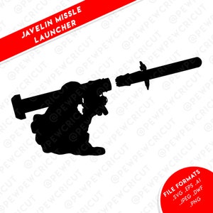 Op de afbeelding: Een zwart silhouet van een Javelin-raketwerper, met de tekst "JAVELIN MISSILE LAUNCHER" in een rode banner. De afbeelding bevat ook bestandsformaatopties: .SVG, .EPS, .AI, .JPEG, .DWF en .PNG.