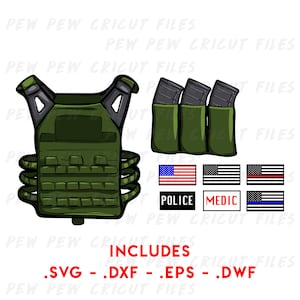 Puede incluir: Ilustración de un chaleco táctico, bolsas para cargadores y varios diseños de banderas americanas. Incluye los textos «POLICE» y «MEDIC». La imagen también incluye el texto «INCLUDES .SVG - .DXF - .EPS - .DWF».