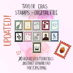 May include: Digital file of 12 illustrated stamps with various designs, including a guitar, a snake, and a typewriter. The stamps are arranged on a pink background with the text "TAYLOR ERAS STAMPS - DIGITAL FILE". The file is available for instant download.