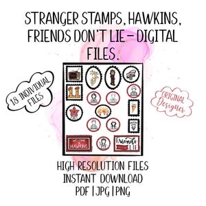 Puede incluir: Conjunto de archivos digitales con 18 sellos de Stranger Things. Los sellos incluyen imágenes de un televisor, un reloj, personajes y texto que dice "Welcome to Hawkins" y "Friends Don't Lie". El diseño tiene un fondo de acuarela.
