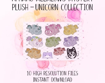 May include: An image featuring a collection of Aphmau Meemeows Mystery Plush from the Unicorn Collection. The image displays various colorful plush toys with unicorn features. Text on the image reads "10 High Resolution Files, Instant Download, JPG | PNG | PDF."