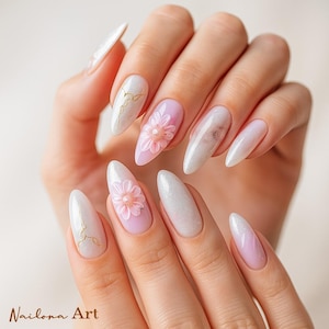 3D Floral Stiletto Press-On Nails: White Metallic Elegant Nail Art