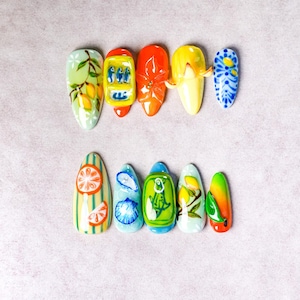 Mediterranean Style Press On Nails, 3D Fruit & Shell Nail Art, Handmade Ceramic Style Press-on Nails, Summer Vacation Colorful Press On Nail